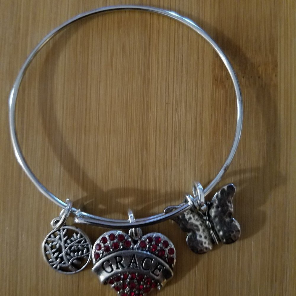 Hand Crafted Charm Bangle -Tree Of Life, Jeweled Engraved Heart, Butterfly. View 2